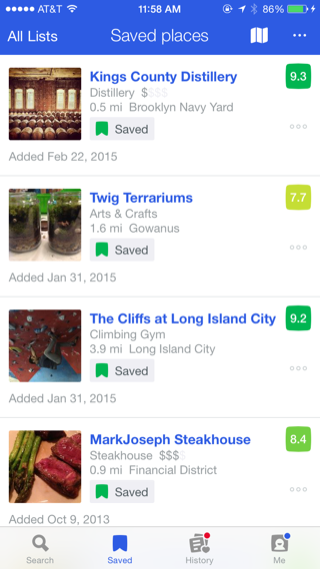 Foursquare iPhone lists screenshot